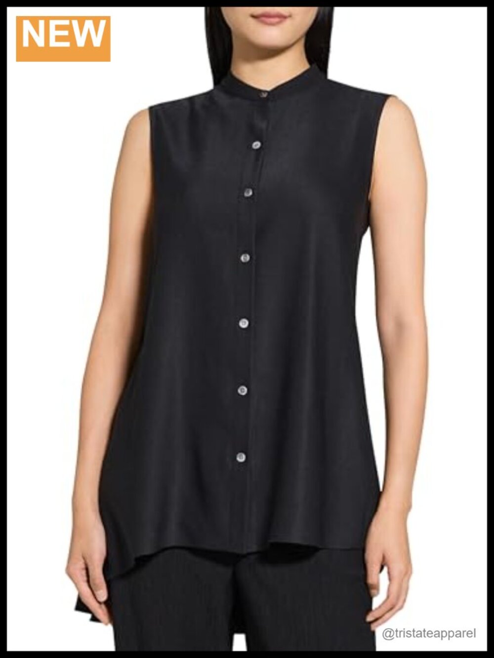 Sleeveless Collarless Button Down Tunic Asymmetric Drape Blouse